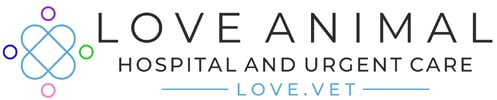 Logo of Love Animal Hospital and Urgent Care. Features a stylized heart made of connected lines with circles in purple, pink, blue, and green at each corner. The text "LOVE.ANIMAL" and "LOVE.VET" highlights their compassionate veterinarian services.